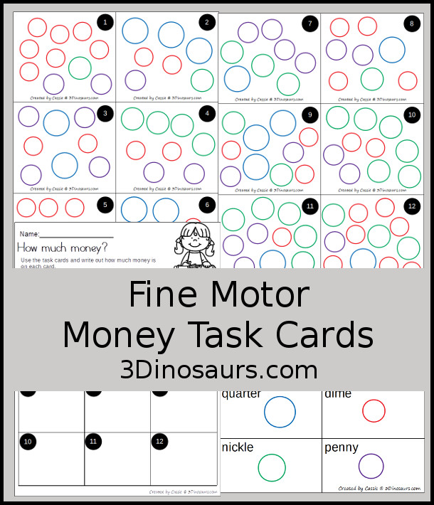 Free Fine Motor Money Matching Task Cards - 12 cards and matching worksheets for kids to work on matching and counting money - 3Dinosaurs.com