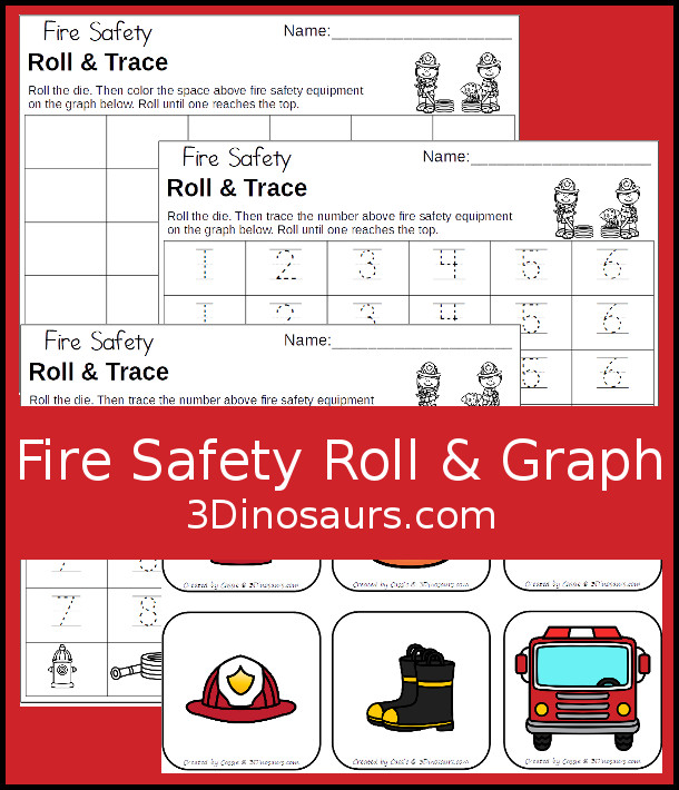 Free Fire Safety Roll and Graph with blackand white graphing worksheets and number tracing worksheets for numbers 1 to 6 and 7 to 12. - 3Dinosaurs.com
