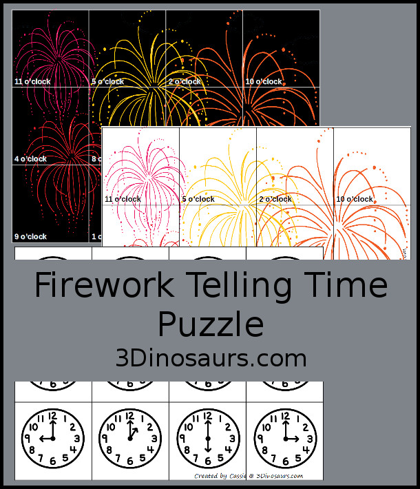 Free Fireworks Telling Time Puzzle - The telling time puzzle works on telling time with hourly time on an analog clock and written words for each hour a great hands-on telling time printable- 3Dinosaurs.com
