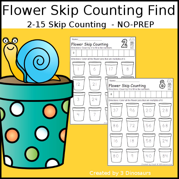 Flower Skip Counting Number Find - numbers 2 to 15 with writing the skip counting and then finding the numbers $- 3Dinosaurs.com