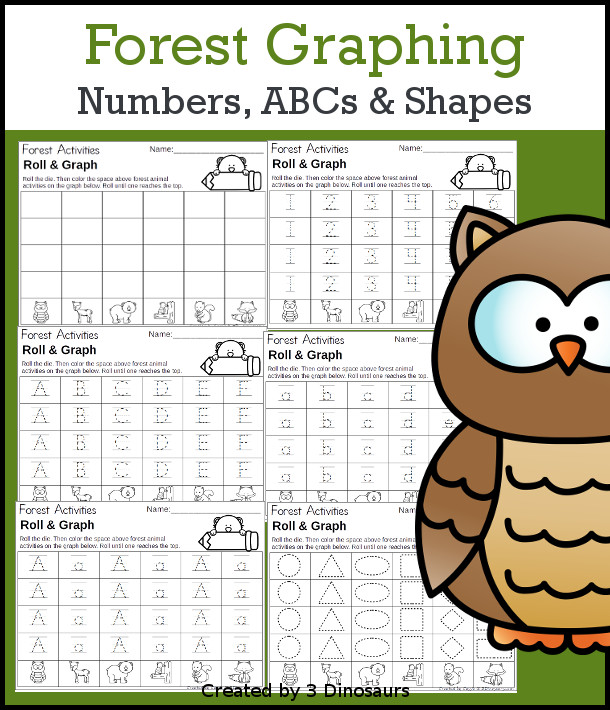 Easy to Use Forest Animals Graphing - with graphing and 2 dice options plus graphing ABCs, numbers, and shapes - 3Dinosaurs.com #graphing #mathforkids #kindergarten #prek #forestforkids 