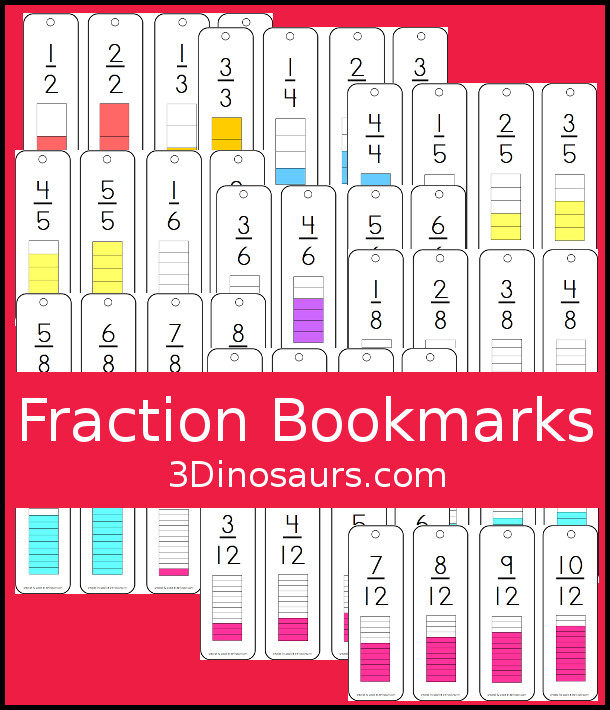 Free Fraction Bookmarks -  13 pages of fractions with 4 bookmarks per page - fractions for 2, 3, 4, 5, 6, 8, 10, 12 - 3Dinosaurs.com