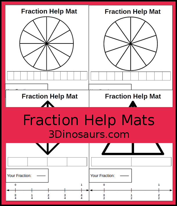 Free Fraction Help Mats - 8 pages of fractions to help kids learn with 2 image types and a number line - 3Dinosaurs.com