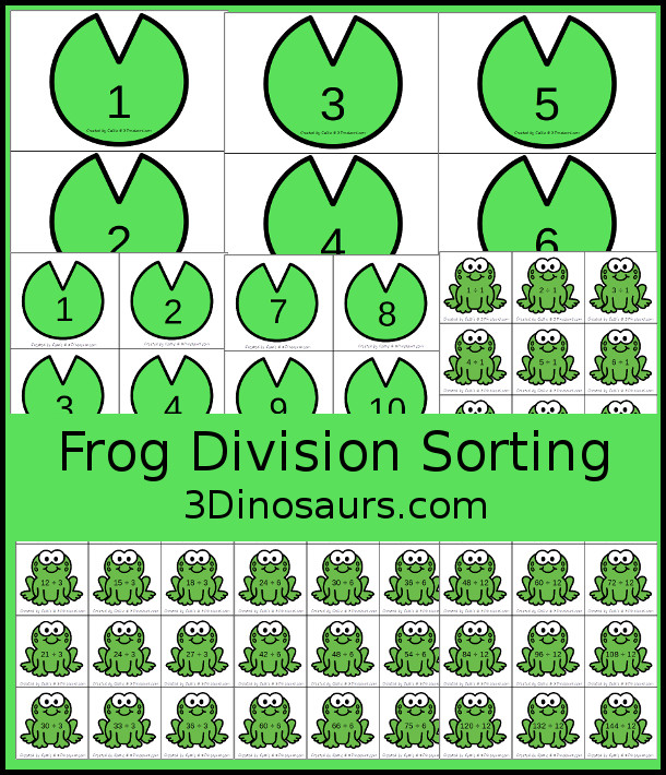 Free Frog Themed Division Sorting - work on division from 1 to 12 with two sizes of sorting mats with 12 cards for each number. There is also a recroding sheet. - 3Dinosaurs.com