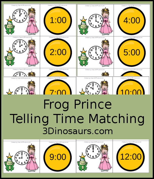 Free Frog Prince Telling Time Matching Cards - with hourly matching cards with analog clock and digital clock with 12 matching for each of the hours on a clock - 3Dinosaurs.com