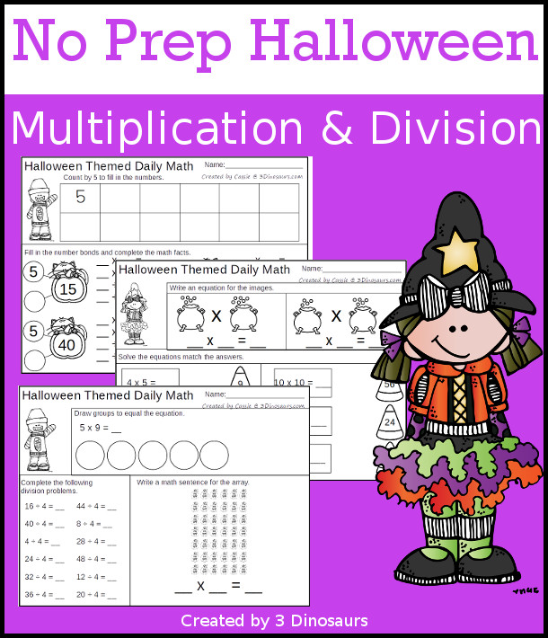 No Prep Halloween Themed Multiplication & Division  - 30 pages no-prep printables with a mix of multiplication and division  activities plus a math center activity - 3Dinosaurs.com #noprepmath #tpt #division #multiplication