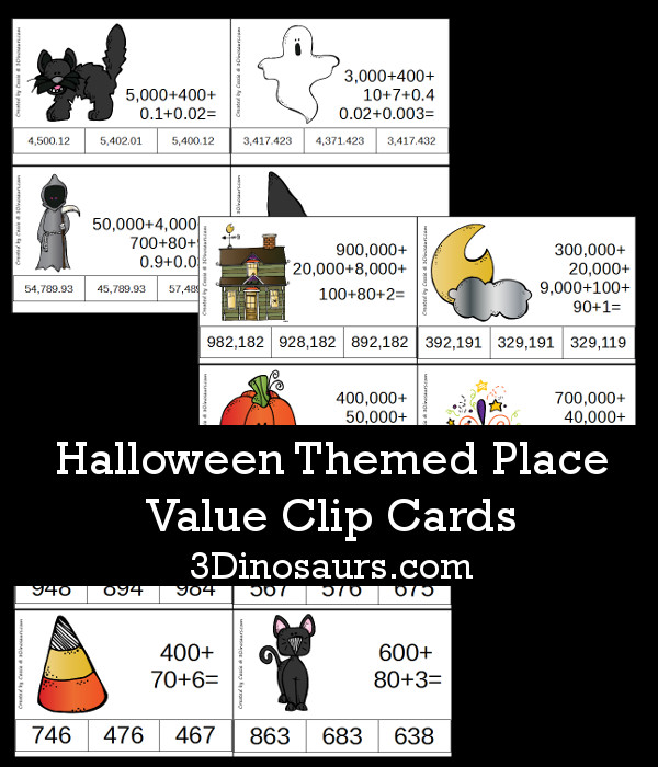 FREE Halloween Themed Place Value Clip Cards - 3 levels: up to hundreds, up to hundred thousand and mix with decimals - 3Dinosaurs.com