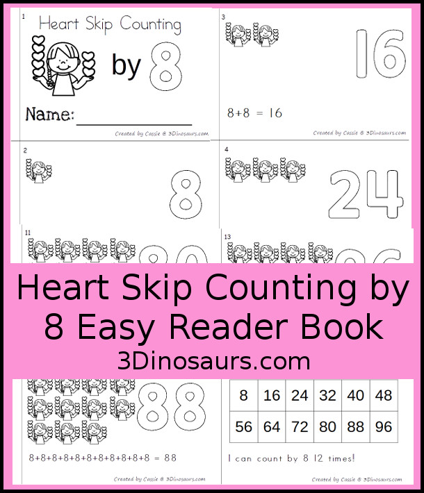 Free Heart Skip Counting by 8 Easy Reader Book - a fun easy reader book with repeat addition, visuals for the addition and numbers to color - 3Dinosaurs.com