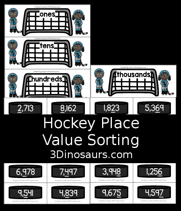 Free Hockey Place Value Sorting Printable - sorting numbers with ones, tens, hundreds and thousands. A fun way to work on the place value of a number and sort them. A fun hands-on place value printable for winter or winter sports. 3Dinosaurs.com