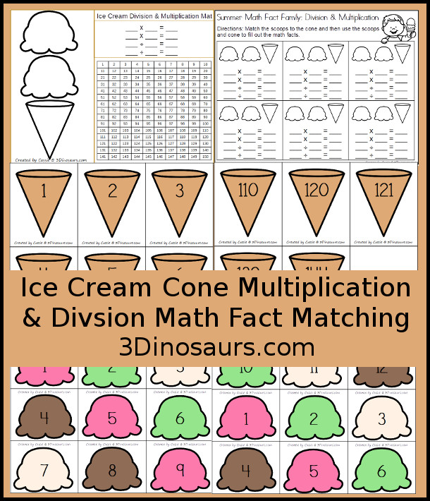 Free Multiplication & Division Ice Cream Cone Math Facts - 3Dinosaurs.com