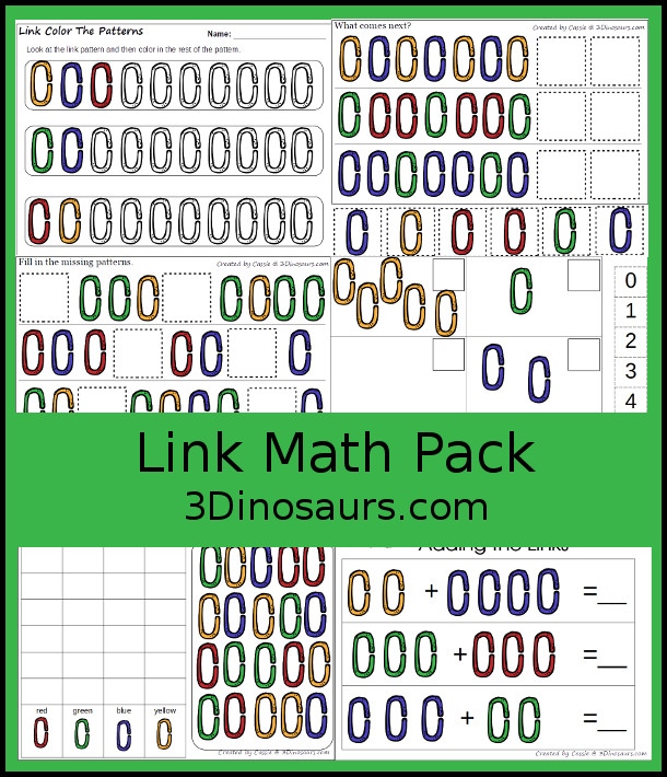 Free Link Theme Math Pack - with patterns, counting, addition, hands-on math mats and more - 3Dinosaurs.com