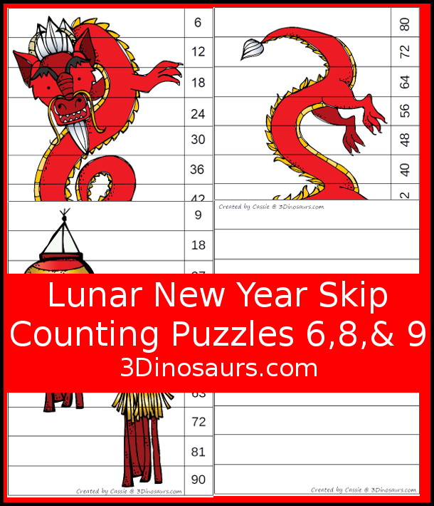 Free Lunar New Year Skip Counting Puzzles by 6, 8 & 9 - three fun skip counting puzzles you can do with kids for the Lunar New Year. You skip counting 10 times for each puzzle. - 3Dinosaurs.com
