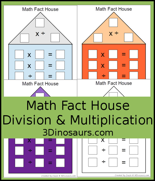 Free Math Fact Houses for Multiplication & Division Printable -  houses in different colors included black and white - 3Dinosaurs.com