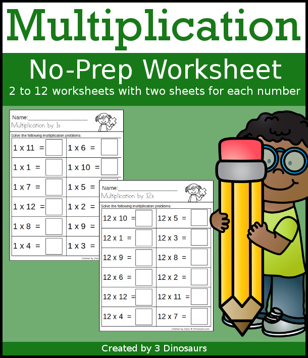 Multiplication Practice Worksheet Printable - no-prep multiplication worksheet that works numbers from 1 to 12 with two worksheets for each number - 3Dinosaurs.com
