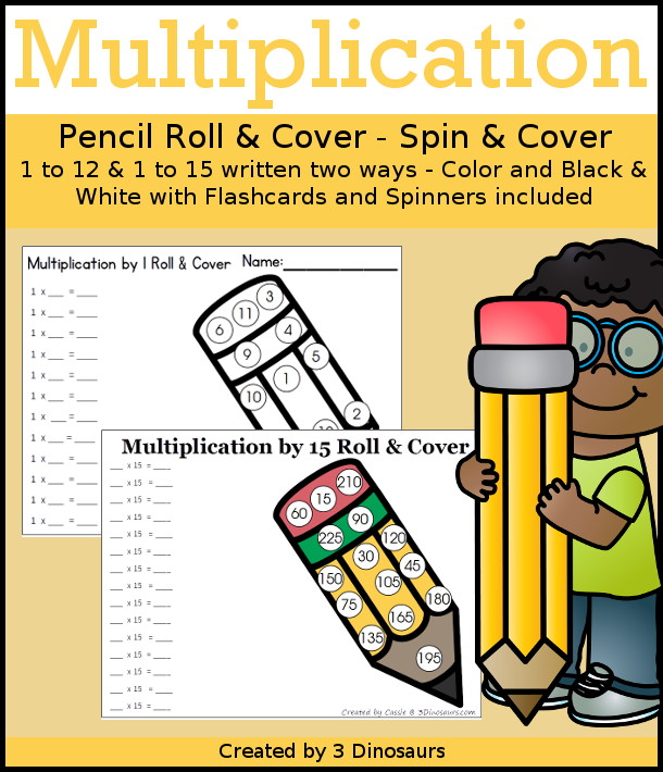 Pencil Multiplication Roll & Cover  has multiplication 1 to 12 and 1 to 15 with two options of equations for each set.- 3Dinosaurs.com