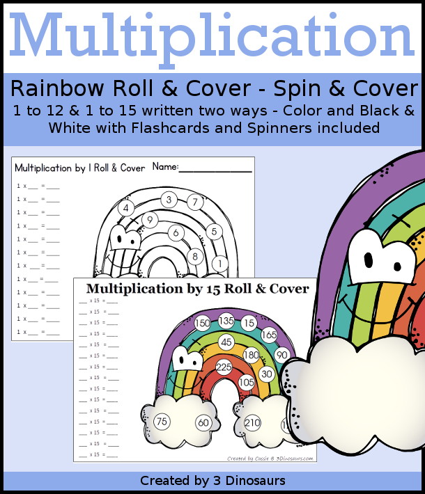 Rainbow Multiplication Roll & Cover  has multiplication 1 to 12 and 1 to 15 with two options of equations for each set.- 3Dinosaurs.com