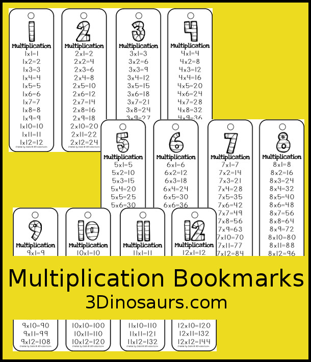Free Multiplication Bookmarks - Numbers 1 through 12 It shows all the way to multiply each number 12 times. An easy way to look at multiplication facts with kids. - 3Dinosaurs.com