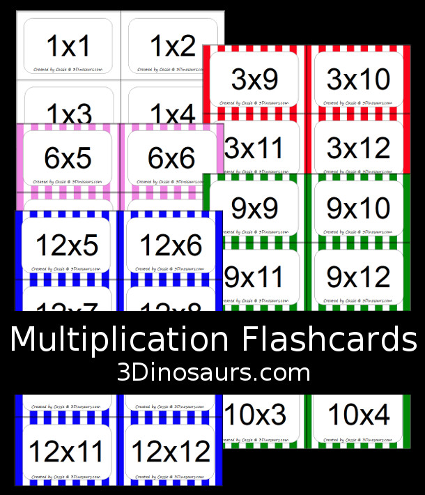 Free Multiplication Flash Cards - easy to print multiplication flashcards from 1 to 12 with white, red, pink, green and blue options for the colors with 8 cards on each page - 3Dinosaurs.com