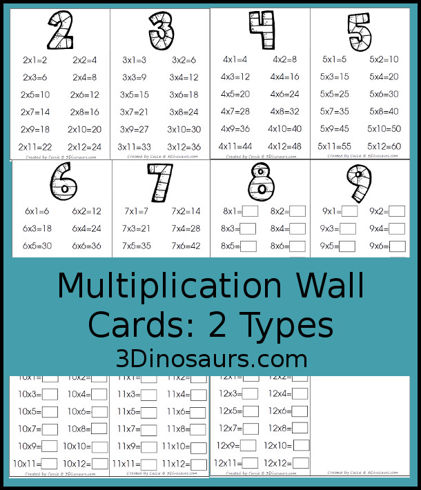 Free Multiplication Wall Cards: Two Types - You have a set of multiplication wall cards filled out and multiplication wall cards that have answer blank - 3Dinosaurs.com