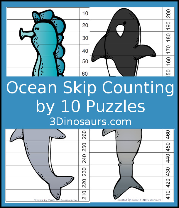 Free Fun Ocean Themed Skip Counting by 10 Puzzles - 4 pages of puzzles with template - 3Dinosaurs.com