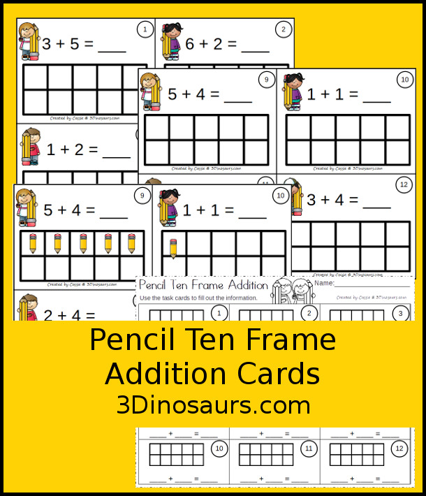 Free Pencil Ten Frame Addition Cards - 12 cards with recording sheet with two styles of cards - 3Dinosaurs.com
