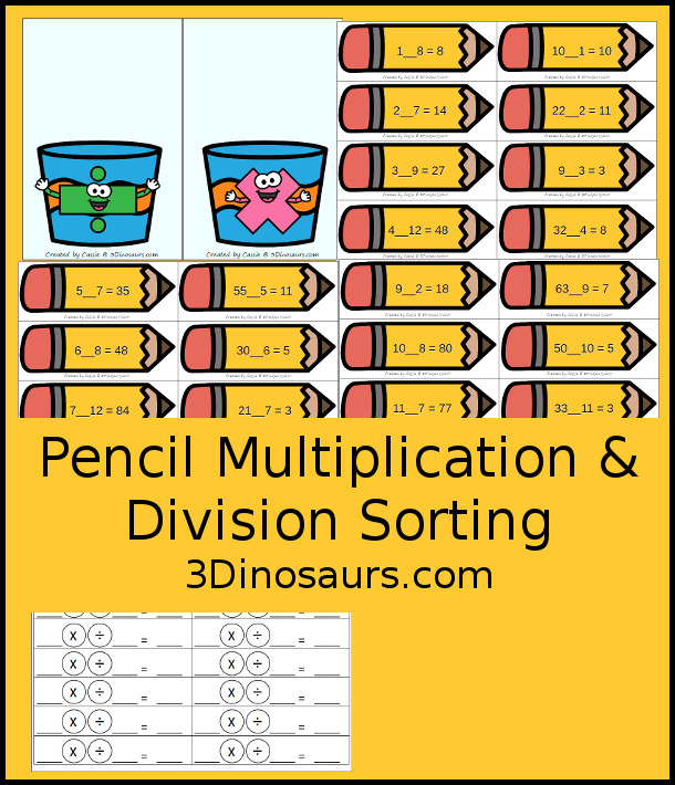 Free Pencil Themed Multiplication & Division Sorting - sorting mat with 24 pencils for sorting and recording sheet for the pencils. There are enough pencils to do two worksheets  - 3Dinosaurs.com