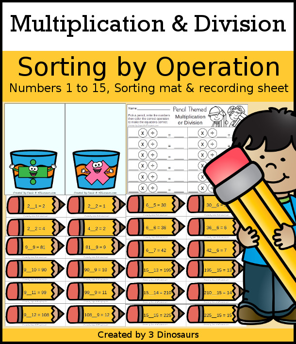 Pencil Themed Multiplication & Division Sorting Selling Set - It has a full set of numbers from 1 to 15 with multiplication and division for each set.  - 3Dinosaurs.com