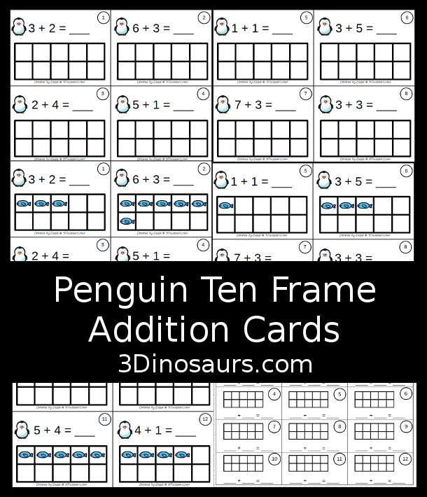 Free Penguin Addition Ten Frame Cards - 2 sets of cards with matchign recording sheet. These are great for individual practice or a math center  - 3Dinosaurs.com