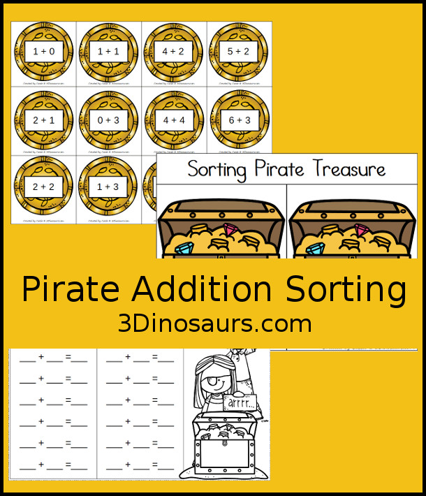 Free Pirate Addition Sorting - works on addition that is less than 5 or more than 5 for kids to sort coins - 3Dinosaurs.com