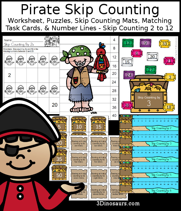 Pirate Skip Counting Activities - with no-prep packs, skip counting mats, skip counting 10 piece puzzles, and task cards to work on skip counting from 2 to 12 - 3Dinosaurs.com