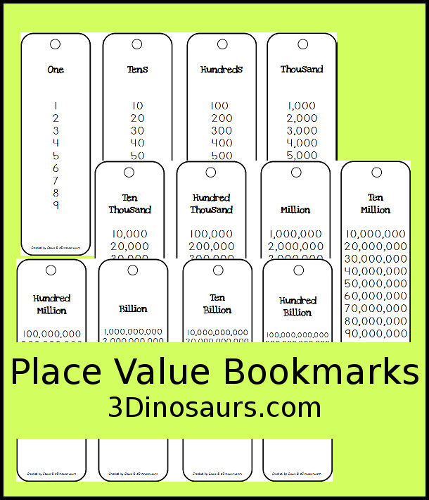 Free Place Value Bookmarks - for ones through hundred billion - 3Dinosaurs.com