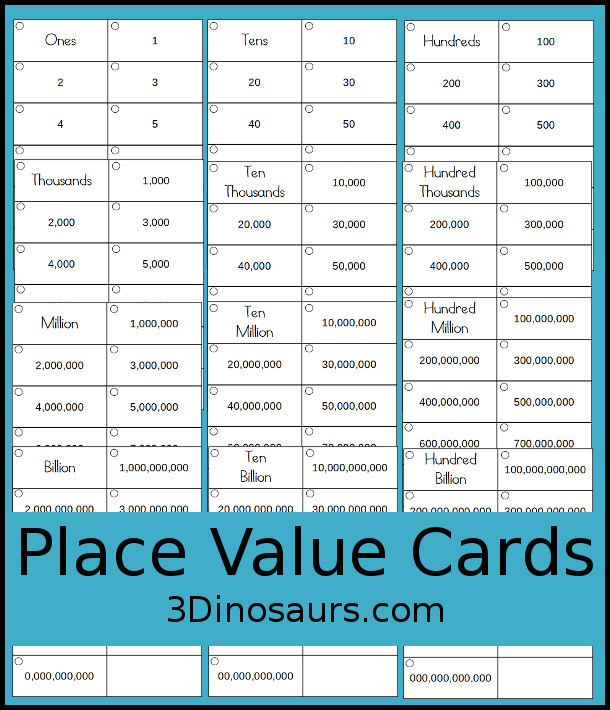 Free Place Value Cards - 42 pages of printables with place value from ones to billions with tenths, hundredths and thousandths for decimals - 3Dinosaurs.com #handsonlearning #placevalue #freeprintables #mathprintables