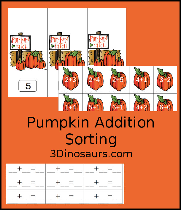 Free Pumpkin Addition Sorting - with sorting addition for 5, 6, 7 with sorting mat, addition pumpkins and addition recording sheet - 3Dinosaurs.com