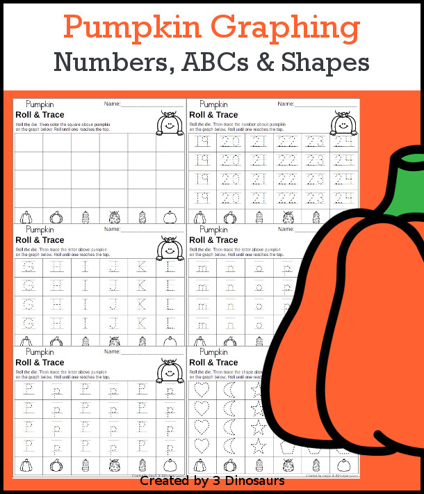 Pumpkin Roll & Graph With Trace Letters, Numbers & Shapes with a folding die and cube die with a graphing sheet, graphing with tracing numbers, graphing with tracing letters and graphing with tracing shapes. All with a fun pumpkin theme for the fall for prek and kindergarten - 3Dinosaurs.com