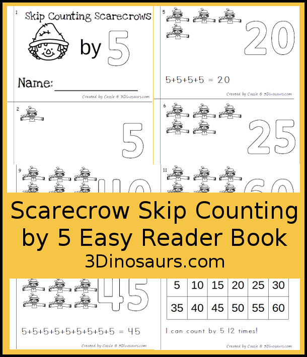 Free Scarecrow Skip Counting by 5 Easy Reader Book - a fun easy reader book for kids to work on skip counting with crows by 5s - 3Dinosaurs.com