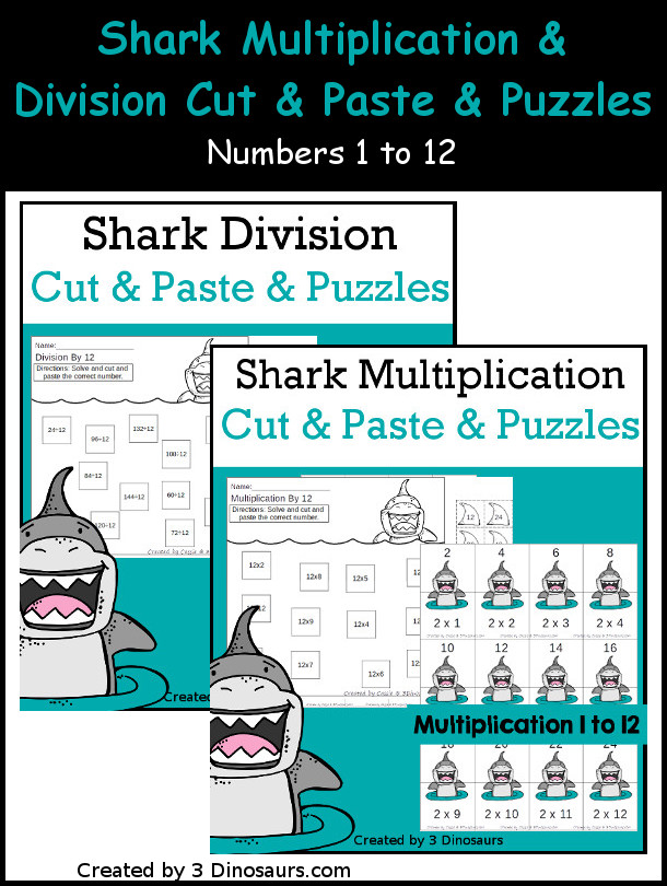 Shark Multiplication & Division Cut & Paste and Matching with cut and paste worksheets for division and multiplication with numbers 1 to 12 and match puzzles and matching mats for division and multiplication - 3Dinosaurs.com