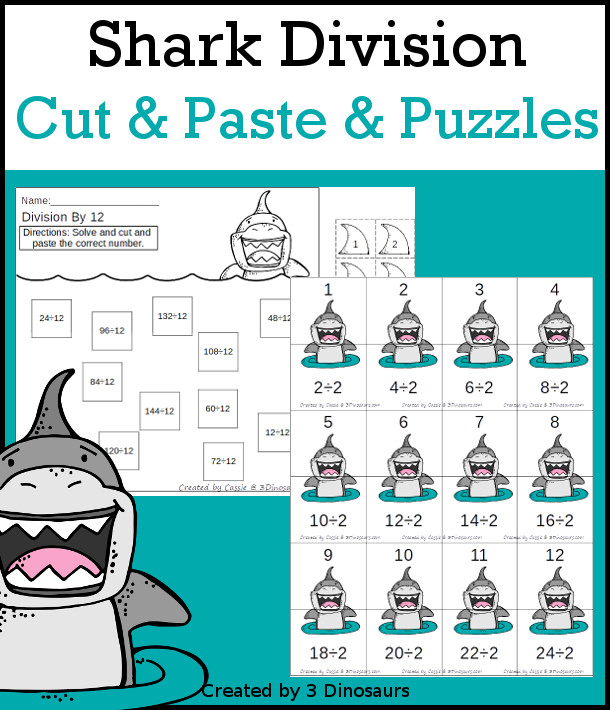 Shark Division Cut & Paste and Matching with cut and paste worksheets for division with numbers 1 to 12 and puzzles and matching mats  - 3Dinosaurs.com