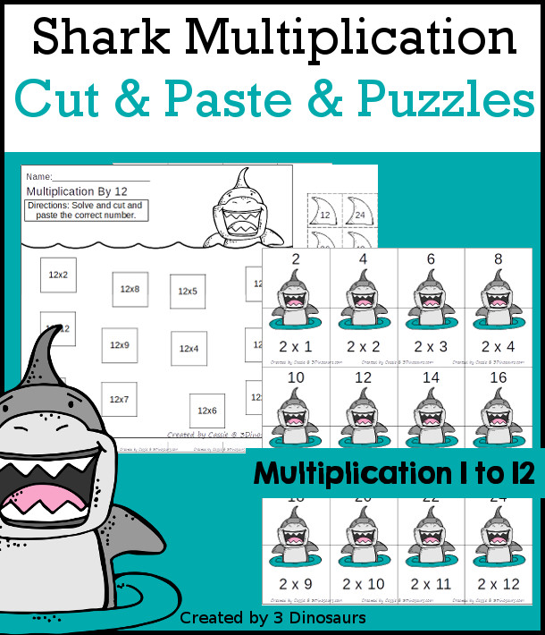 Shark Multiplication Cut & Paste and Matching with cut and paste worksheets for multiplication with numbers 1 to 12 and puzzles and matching mats  - 3Dinosaurs.com