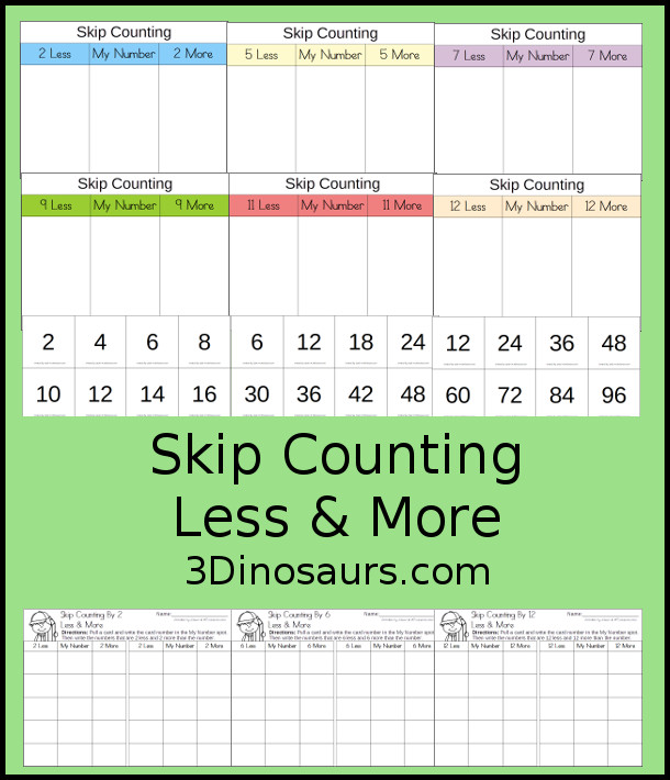 Free Skip Counting Less & More Printable - with adding and subtracting by skip counting numbers with skip counting from 2 to 12 with skip counting mats, skip counting cards and ship counting recording worksheet - 3Dinosaurs.com