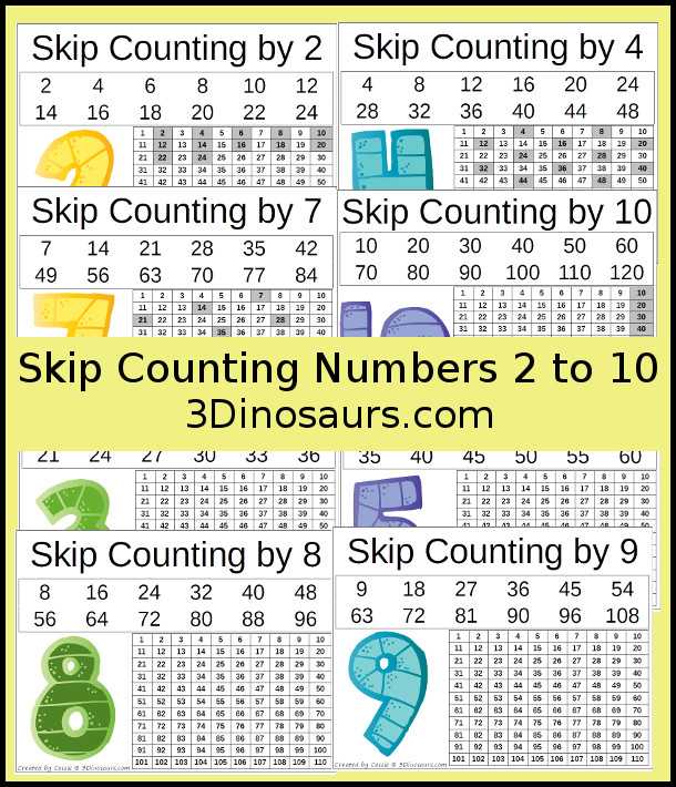 Free Number Skip Counting Printable number 2 to 10 - 3Dinosaurs.com