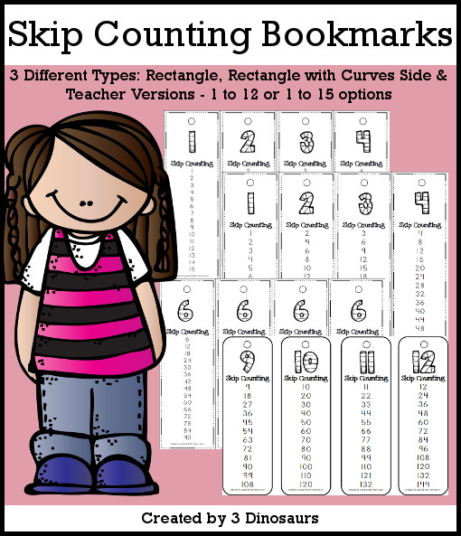Skip Counting Bookmarks- skip counting by 1 to 12 or 1 to 15 - 3 versions with a teacher print included $2 - 3Dinosaurs.com