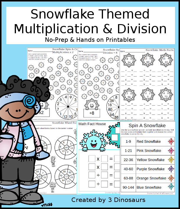 Snowflake Multiplication & Division Selling Set - with spinning multiplication and division practice worksheets, math fact pages, math fact worksheets, roll a snowflake math page, matching snowflake multiplication and division flashcard printables and snowflake dice printables- 3Dinosaurs.com