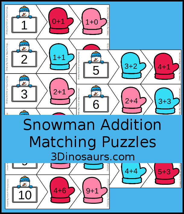 Free Snowman Addition Matching Puzzles to work on addition from 1 to 10. They are a 3 piece matching puzzles. - 3Dinosaurs.com