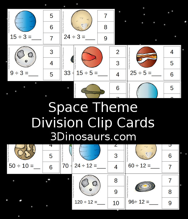 Free Planets Themed Division Clip Cards - 12 pages of printables with 4 cards on each page - 3Dinosaurs.com