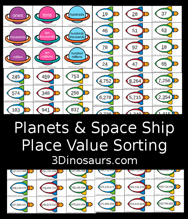 Free Planet & Rocket Place Value Sorting - a fun space theme that works on place value from ones to hundred millions that works for different levels of learning - 3Dinosaurs.com