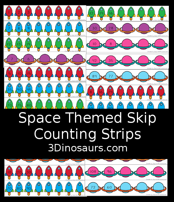 Free Space Theme Skip Counting Strips - skip counting from 1 to 12 with forward and backwards - 3Dinosaurs.com