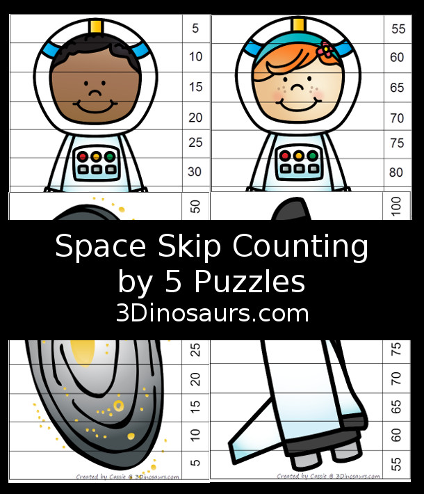 Free Fun Space Skip Counting by 5 Puzzles - 4 pages of puzzles with template - 3Dinosaurs.com