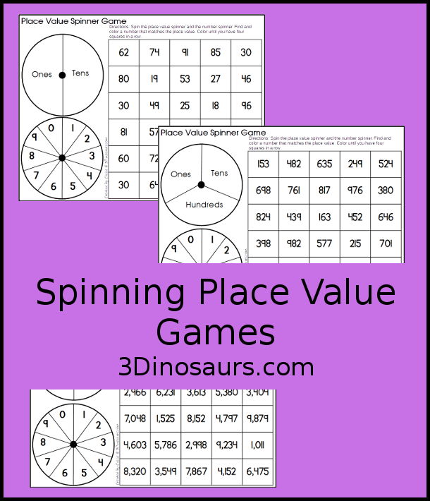 Free Spinning Place Value Game with Three Levels - tens and ones, hundreds, tens and ones; thousands, hundreds, tens and ones - You spin and find the number with the matching place value.- 3Dinosaurs.com