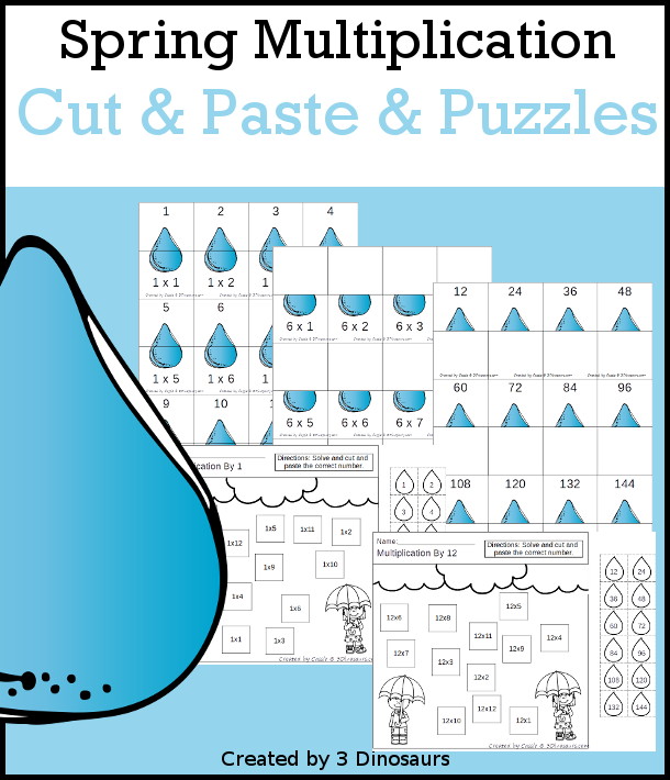 Raindrop Multiplication Cut & Paste and Matching with cut and paste worksheets for multiplication with numbers 1 to 12 and puzzles and matching mats  - 3Dinosaurs.com