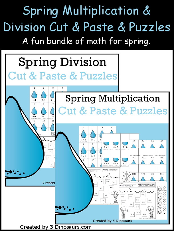 Raindrop Multiplication & Division Cut & Paste and Matching with cut and paste worksheets for division and multiplication with numbers 1 to 12 and match puzzles and matching mats for division and multiplication - 3Dinosaurs.com